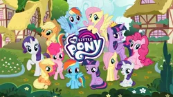 Size: 1136x640 | Tagged: safe, derpibooru import, official, applejack, fluttershy, pinkie pie, rainbow dash, rarity, twilight sparkle, twilight sparkle (alicorn), alicorn, earth pony, pegasus, pony, unicorn, crown, female, filly, filly applejack, filly fluttershy, filly pinkie pie, filly rainbow dash, filly rarity, filly twilight sparkle, foal, hair over one eye, image, jewelry, jpeg, looking at you, mane six, my little pony logo, ponyville, regalia, unicorn twilight, younger