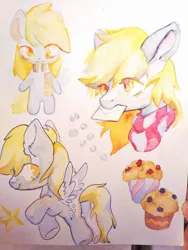 Size: 1080x1440 | Tagged: safe, artist:milarvozmido, derpibooru import, derpy hooves, pegasus, pony, bipedal, butt, clothes, cutie mark, female, food, image, jpeg, mail, mare, mouth hold, muffin, plot, scarf, stars, traditional art, watercolor painting, wings