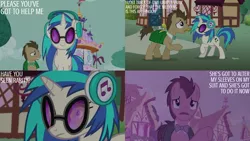 Size: 1280x720 | Tagged: safe, derpibooru import, edit, edited screencap, editor:quoterific, screencap, doctor whooves, time turner, vinyl scratch, earth pony, pony, unicorn, season 5, slice of life (episode), duo, female, headphones, image, jpeg, male, mare, open mouth, open smile, smiling, stallion, text