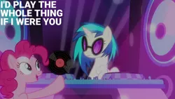 Size: 1280x720 | Tagged: safe, derpibooru import, edit, edited screencap, editor:quoterific, screencap, pinkie pie, vinyl scratch, earth pony, pony, unicorn, season 6, the saddle row review, duo, female, image, jpeg, mare, open mouth, open smile, smiling, text