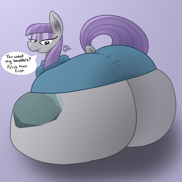 Size: 4000x4000 | Tagged: suggestive, artist:lukewarmluke, derpibooru import, maud pie, earth pony, pony, boulder buns, butt, dialogue, digital art, dock, female, huge butt, image, impossibly large butt, large butt, looking back, plot, png, rear view, solo, solo female, tail