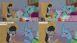 Size: 1280x720 | Tagged: safe, derpibooru import, edit, edited screencap, editor:quoterific, screencap, octavia melody, changeling, earth pony, pony, a horse shoe-in, season 9, spoiler:s09, eyes closed, female, image, jpeg, male, mare, open mouth, open smile, school of friendship, smiling, text