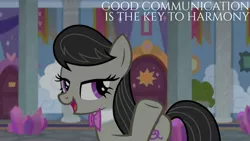 Size: 1280x720 | Tagged: safe, derpibooru import, edit, edited screencap, editor:quoterific, screencap, octavia melody, earth pony, pony, a horse shoe-in, season 9, spoiler:s09, female, image, jpeg, mare, open mouth, open smile, school of friendship, smiling, solo, text