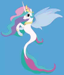 Size: 1079x1280 | Tagged: safe, artist:idenorder, derpibooru import, princess celestia, alicorn, pony, seapony (g4), blue background, crown, cute, digital art, dorsal fin, female, fin wings, fins, fish tail, flowing mane, flowing tail, hoof shoes, horn, image, jewelry, jpeg, long horn, looking at you, mare, mermay, peytral, pink eyes, regalia, sealestia, seaponified, seapony celestia, simple background, smiling, smiling at you, solo, species swap, swimming, tail, underwater, water, wings