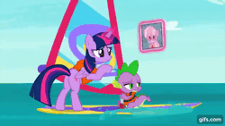Size: 640x360 | Tagged: safe, derpibooru import, screencap, dusty pages, spike, twilight sparkle, twilight sparkle (alicorn), alicorn, dragon, earth pony, pony, season 9, the point of no return, spoiler:s09, animated, cute, duo focus, female, gif, gifs.com, grin, image, magic, male, mare, nose in the air, open mouth, smiling, spikabetes, telekinesis, trio, winged spike, wings