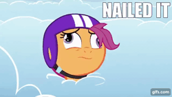 Size: 640x360 | Tagged: safe, derpibooru import, edit, edited screencap, editor:quoterific, screencap, scootaloo, pegasus, pony, parental glideance, season 7, animated, female, filly, foal, gif, gifs.com, helmet, image, nailed it, open mouth, open smile, smiling, solo, text