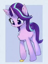 Size: 1392x1851 | Tagged: safe, artist:puetsua, derpibooru import, starlight glimmer, pony, unicorn, bits, blue background, cheek fluff, chest fluff, coin, colored pupils, cute, ear fluff, eye clipping through hair, female, fluffy, glimmerbetes, hoof fluff, image, leg fluff, looking at something, looking down, mare, png, pushing, raised hoof, simple background, solo