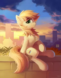Size: 2241x2880 | Tagged: safe, artist:draconidsmxz, derpibooru import, oc, unofficial characters only, earth pony, pony, apple, brick wall, chest fluff, city, female, fluffy, food, high res, image, looking at you, mare, png, sitting, smiling, solo, zap apple