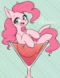 Size: 2472x3200 | Tagged: safe, artist:91o42, derpibooru import, pinkie pie, earth pony, pony, abstract background, blushing, cup, cup of pony, cute, diapinkes, drink, female, high res, image, jpeg, mare, micro, open mouth, smiling, solo