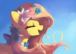 Size: 7016x4961 | Tagged: safe, artist:freeedon, derpibooru import, fluttershy, pegasus, pony, absurd file size, absurd resolution, bow, bowtie, converted, cute, eyes closed, female, flower, flower in hair, happy, image, mare, open mouth, png, profile, shyabetes, smiling, solo, too big for derpibooru