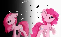 Size: 2560x1536 | Tagged: safe, artist:lunylin, derpibooru import, pinkie pie, earth pony, pony, butt fluff, cheek fluff, chest fluff, dock, duality, ear fluff, hock fluff, image, leg fluff, pinkamena diane pie, png, profile, raised hoof, sad, self paradox, self ponidox, shoulder fluff, smiling, tail