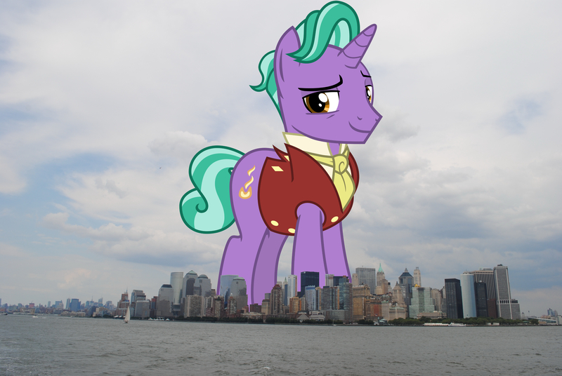 Size: 3872x2592 | Tagged: safe, artist:cheezedoodle96, artist:thegiantponyfan, derpibooru import, edit, firelight, pony, unicorn, giant firelight, giant pony, giant unicorn, high res, highrise ponies, image, irl, jpeg, looking at you, macro, male, manhattan, mega giant, new york, new york city, photo, ponies in real life, smiling, solo, stallion