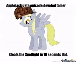 Size: 600x491 | Tagged: safe, derpibooru import, derpy hooves, pegasus, pony, the last roundup, 10 seconds flat, caption, female, hat, image, image macro, impact font, implied applejack, jpeg, meme, memecenter, scumbag hat, simple background, solo, text, watermark, white background