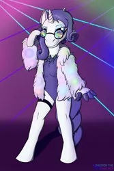 Size: 1400x2100 | Tagged: safe, artist:passionpanther, derpibooru import, rarity, anthro, unguligrade anthro, clothes, fur coat, glasses, hoof fingers, image, leotard, png, solo