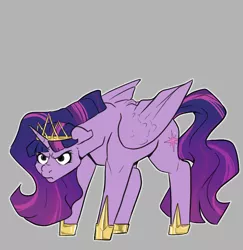 Size: 746x768 | Tagged: safe, artist:mutterbutter8, artist:smirk, derpibooru import, twilight sparkle, twilight sparkle (alicorn), alicorn, pony, angry, crown, floppy ears, flowing mane, glare, gray background, image, jewelry, png, regalia, simple background, solo