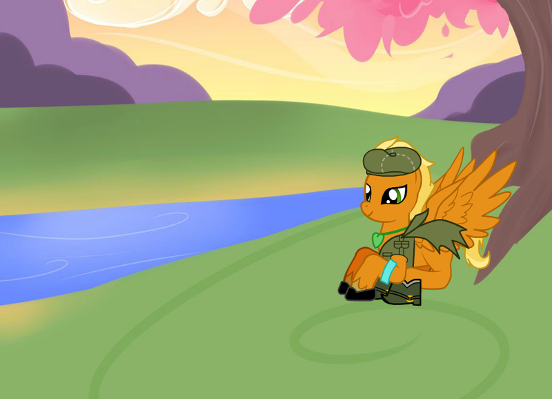 Size: 900x650 | Tagged: safe, artist:polishfox2019, derpibooru import, oc, pegasus, pony, pony creator, blonde hair, blonde tail, boots, clothes, gloves, grass, hat, image, male, orange fur, png, poland, resting, river, shoes, smiling, soldier, stallion, tail, tree, water, wings