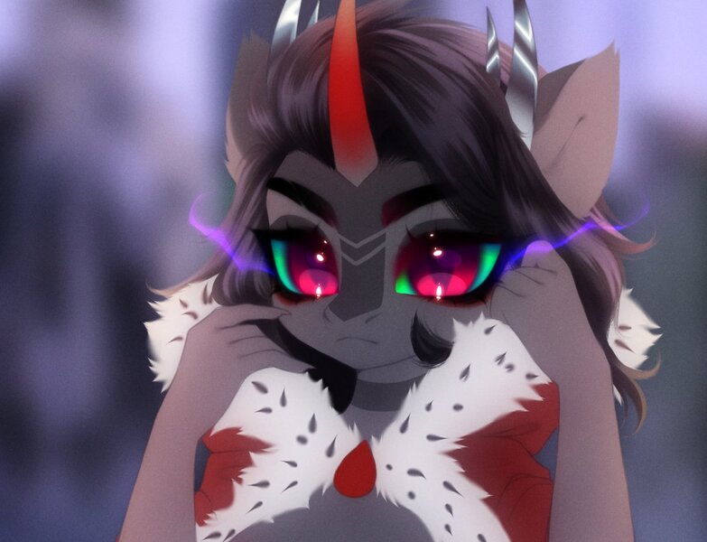 Size: 1177x902 | Tagged: safe, artist:tomness, derpibooru import, king sombra, anthro, blurry background, bust, cape, clothes, crown, ear fluff, eyelashes, image, jewelry, jpeg, looking at you, portrait, regalia, solo, sombra eyes, sombra's cape
