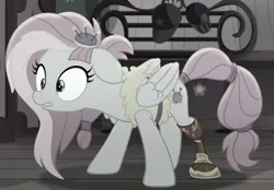 Size: 570x397 | Tagged: safe, derpibooru import, screencap, kerfuffle, pegasus, pony, rainbow roadtrip, amputee, cropped, desaturated, female, image, mare, png, prosthetic leg, prosthetic limb, prosthetics, solo