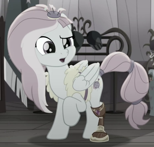 Size: 510x485 | Tagged: safe, derpibooru import, screencap, kerfuffle, pegasus, pony, rainbow roadtrip, amputee, cropped, desaturated, female, image, mare, png, prosthetic leg, prosthetic limb, prosthetics, solo