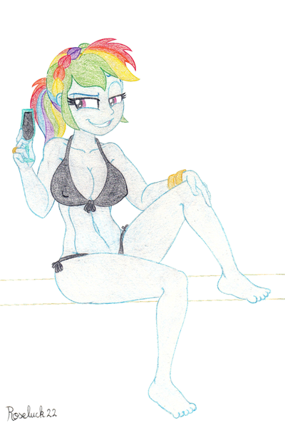 Size: 1280x1920 | Tagged: suggestive, artist:roseluck, derpibooru import, rainbow dash, equestria girls, equestria girls series, spring breakdown, spoiler:eqg series (season 2), abs, absolute cleavage, alternate hairstyle, barefoot, belly button, big breasts, bikini, bracelet, braid, breasts, busty rainbow dash, cleavage, clothes, collarbone, colored pencil drawing, erect nipples, feet, female, full body, glass, holding, image, jewelry, lidded eyes, looking at you, nipple outline, png, ponytail, raised arm, raised eyebrow, ring, side-tie bikini, simple background, sitting, smiling, smiling at you, smirk, smug, solo, solo female, swimsuit, traditional art, wedding ring, white background