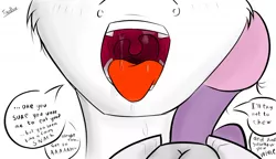 Size: 1280x739 | Tagged: suggestive, artist:teropone, derpibooru import, sweetie belle, drool, drool string, endosoma, esophagus, frog (hoof), image, jpeg, mawshot, non-fatal vore, offscreen character, open mouth, oral invitation, pov, saliva puddle, salivating, slimy, sweetiepred, taste buds, tongue out, underhoof, uvula, vore