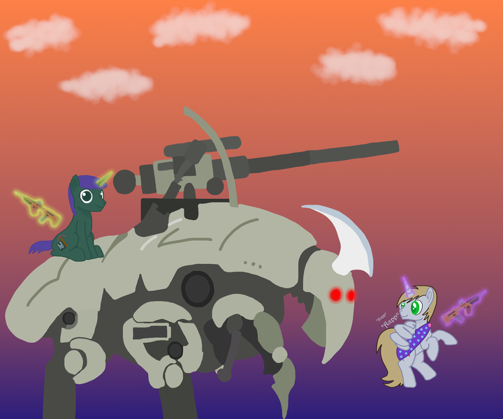 Size: 3000x2500 | Tagged: safe, derpibooru import, oc, oc:emperor bigpip, oc:harmonious percussion, unofficial characters only, alicorn, robot, unicorn, alicorn oc, blonde mane, cannon, clothes, cloud, flying, futa, gradient background, gray coat, green coat, green eyes, gun, heart, herm, high res, horn, image, intersex, magic, male, male herm, pickaxe, png, purple mane, rimworld, robe, sitting, telekinesis, unicorn oc, weapon, wings