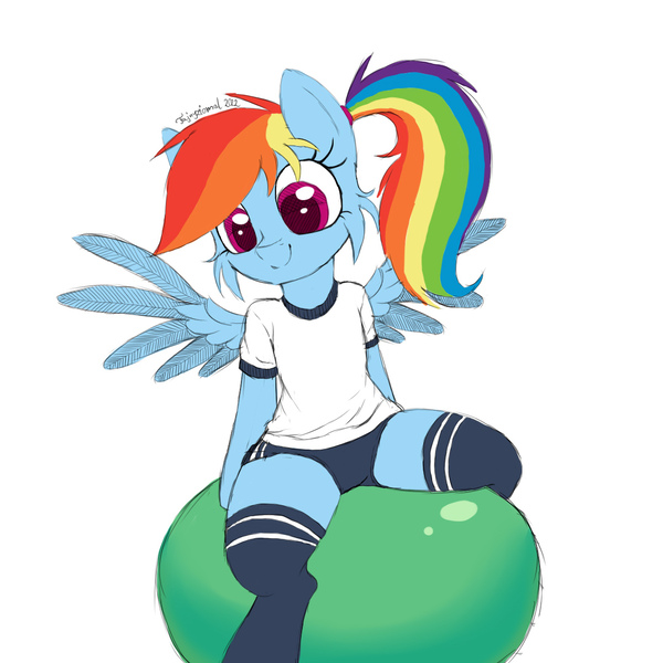 Size: 1080x1080 | Tagged: safe, artist:fajnyziomal, derpibooru import, rainbow dash, pegasus, pony, cheek fluff, clothes, commission, exercise ball, gym shorts, gym uniform, image, jpeg, ponytail, school uniform, simple background, smiling, socks, solo, spread legs, spread wings, spreading, white background, wings, workout, your character here
