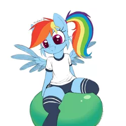 Size: 1080x1080 | Tagged: safe, artist:fajnyziomal, derpibooru import, rainbow dash, pegasus, pony, cheek fluff, clothes, commission, exercise ball, gym shorts, gym uniform, image, jpeg, ponytail, school uniform, simple background, smiling, socks, solo, spread legs, spread wings, spreading, white background, wings, workout, your character here