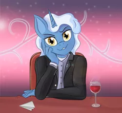 Size: 1158x1069 | Tagged: safe, artist:zorgycuddles, derpibooru import, pokey pierce, anthro, unicorn, alcohol, clothes, date, dinner, evil grin, grin, horn, image, looking at you, male, png, sitting, smiling, solo, solo male, suit