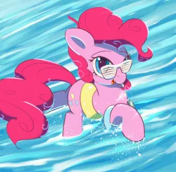 Size: 3078x3000 | Tagged: safe, artist:vultraz, derpibooru import, pinkie pie, earth pony, pony, cute, diapinkes, female, glasses, image, inflatable, jpeg, mare, open mouth, raised hoof, solo, swimming, water