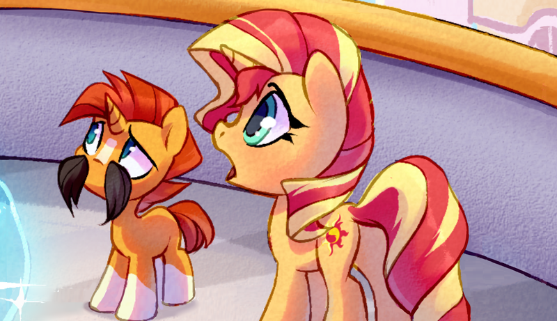 Size: 1320x760 | Tagged: safe, artist:lummh, sunburst, sunset shimmer, pony, unicorn, brother and sister, colt, cute, facial hair, female, filly, image, male, moustache, png, siblings, sunny siblings