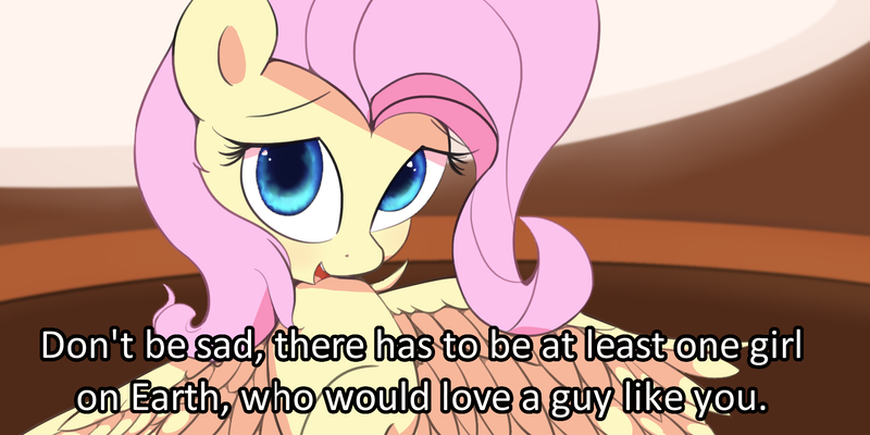 Size: 1808x904 | Tagged: safe, artist:vultraz, derpibooru import, fluttershy, pegasus, pony, blatant lies, dialogue, female, image, looking at you, open mouth, png, solo, speech bubble, spread wings, talking, talking to viewer, text, wings