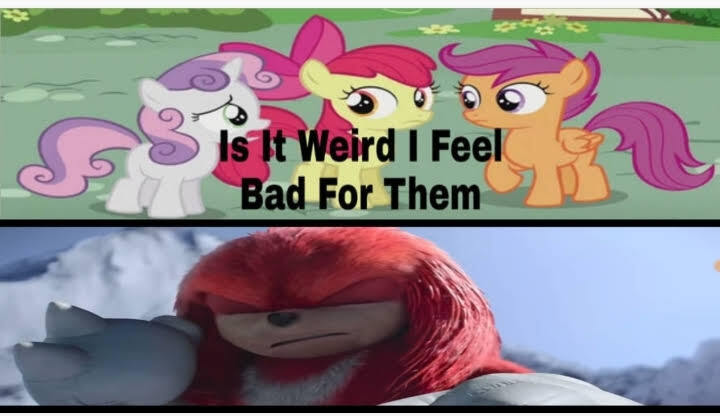 Size: 720x416 | Tagged: safe, artist:darlycatmake, derpibooru import, apple bloom, scootaloo, sweetie belle, earth pony, echidna, pegasus, pony, unicorn, cutie mark crusaders, eyes closed, image, jpeg, knuckles the echidna, meme template, sad, sonic the hedgehog (series), sonic the hedgehog 2 (movie), sympathy, template, upset, woobie, worried