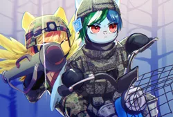 Size: 1775x1200 | Tagged: safe, artist:tingsan, derpibooru import, oc, oc:dirty flame, oc:tracer wake, unofficial characters only, pegasus, camouflage, clothes, electric bike, helmet, image, military, military uniform, pf-89, png, rocket launcher, uniform, weapon