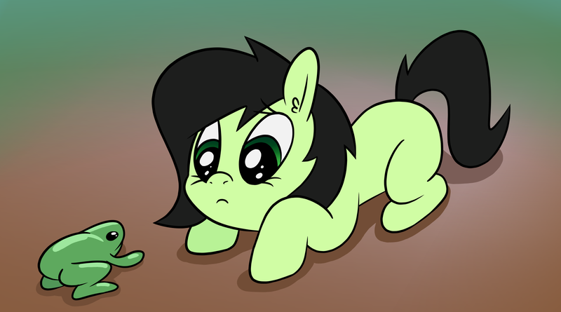 Size: 1940x1080 | Tagged: safe, artist:happy harvey, derpibooru import, oc, oc:anonfilly, unofficial characters only, earth pony, frog, pony, blank flank, cute, drawn on phone, ear fluff, female, filly, foal, gradient background, image, looking at each other, looking at someone, looking down, png