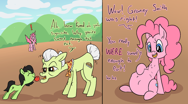Size: 1940x1080 | Tagged: questionable, artist:happy harvey, derpibooru import, granny smith, pinkie pie, oc, oc:anonfilly, earth pony, pony, 2 panel comic, abdominal bulge, apple, belly button, bellyrubs, bush, chest fluff, cloud, comic, dialogue, drawn on phone, ear fluff, exclamation point, eyes closed, female, filly, foal, food, hill, image, kindness, laughing, looking back, misunderstanding, open mouth, pinkie pred, png, sitting, standing, starry eyes, stuffed belly, vore, wingding eyes