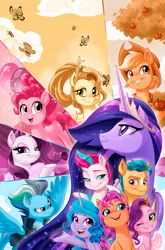 Size: 1052x1596 | Tagged: safe, artist:briannacherrygarcia, derpibooru import, idw, official, applejack, fluttershy, hitch trailblazer, izzy moonbow, pinkie pie, pipp petals, princess twilight 2.0, rainbow dash, rarity, sunny starscout, twilight sparkle, twilight sparkle (alicorn), zipp storm, alicorn, earth pony, pegasus, pony, unicorn, my little pony: a new generation, the last problem, spoiler:comic, spoiler:g5comic, spoiler:g5comic01, comic, comic cover, female, g5, high res, image, jpeg, male, mane five (g5), mane six, mare, my little pony logo, older, older applejack, older fluttershy, older mane six, older pinkie pie, older rainbow dash, older rarity, older twilight, older twilight sparkle (alicorn), retailer incentive, stallion, sunny and her heroine, text, textless