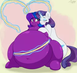 Size: 3500x3300 | Tagged: suggestive, artist:astrum, derpibooru import, rarity, oc, oc:scribble script, pony, unicorn, belly, belly button, big belly, blushing, canon x oc, chest fluff, chubby cheeks, cuddling, digital art, eyes closed, fat, fat fetish, female, fetish, glasses, high res, holding hooves, hoof hold, hug, huge belly, image, impossibly large belly, lesbian, looking sideways, love, magic, measuring tape, obese, png, rariscript, romantic, shipping, sitting, smiling, squishy, telekinesis, thighs, thunder thighs, wholesome