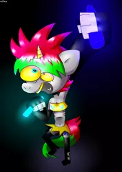 Size: 1369x1933 | Tagged: safe, artist:spritecranbirdie, derpibooru import, oc, unofficial characters only, anthro, pony, unicorn, anorexic, arm warmers, bandaid, boots, breasts, clothes, female, glow, glowstick, gold tooth, heterochromia, image, party, png, shoes, short shirt, skirt, small breasts, solo, tail, two toned mane, two toned tail, yellow sclera