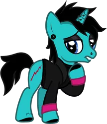 Size: 956x1112 | Tagged: safe, artist:lightningbolt, derpibooru import, ponified, pony, unicorn, .svg available, as it is, clothes, derpibooru exclusive, ear piercing, earring, eyeliner, eyeshadow, hoof on chest, hoof polish, horn, horn piercing, image, jacket, jewelry, lidded eyes, lip bite, looking at you, makeup, male, nose piercing, painted horn, patty walters, piercing, png, raised hoof, shirt, solo, stallion, tattoo, undershirt, vector