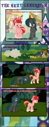 Size: 1838x4697 | Tagged: safe, artist:shootingstarsentry, derpibooru import, oc, oc:nightshade (digimonlover101), oc:star curve, unofficial characters only, changepony, hybrid, pony, unicorn, comic:the next generation, duo, duo female, everfree forest, female, high res, horn, image, interspecies offspring, magic, offspring, parent:king sombra, parent:queen chrysalis, parent:starlight glimmer, parent:sunburst, parents:chrysombra, parents:starburst, png, running, unicorn oc