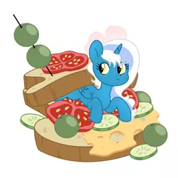 Size: 1024x1024 | Tagged: safe, artist:riofluttershy, derpibooru import, oc, oc:fleurbelle, alicorn, pony, alicorn oc, bow, cheese, cucumber, female, food, hair bow, horn, image, jpeg, mare, olive, sandwich, simple background, tomato, wings