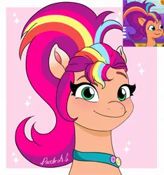 Size: 1920x2048 | Tagged: safe, artist:pearl_ag7777777, derpibooru import, sunny starscout, earth pony, pony, mane melody, my little pony: tell your tale, spoiler:g5, spoiler:my little pony: tell your tale, spoiler:tyts01e05, alternate hairstyle, bust, female, g5, image, jpeg, looking at you, ponytail, screencap reference, smiling, solo