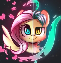 Size: 2321x2406 | Tagged: safe, artist:sakukitty, derpibooru import, fluttershy, hitch trailblazer, earth pony, pegasus, pony, abstract background, bust, duo, eyebrows, eyebrows visible through hair, female, g4, g5, image, jpeg, looking at you, male, portrait, smiling, spread wings, wings