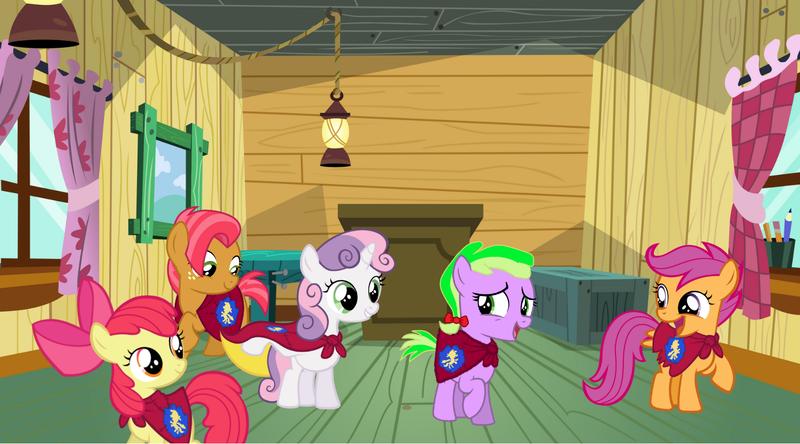 Size: 1539x855 | Tagged: safe, artist:swiftgaiathebrony, derpibooru import, apple bloom, babs seed, scootaloo, spike, sweetie belle, ponified, pony, cutie mark crusaders, image, png, ponified spike, species swap, treehouse