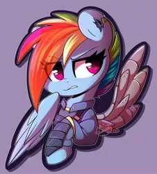 Size: 2690x2975 | Tagged: safe, artist:sakukitty, derpibooru import, rainbow dash, pegasus, pony, alternate timeline, amputee, apocalypse dash, armor, artificial wings, augmented, crystal war timeline, eye clipping through hair, eyebrows, eyebrows visible through hair, female, image, jpeg, prosthetic limb, prosthetic wing, prosthetics, simple background, solo, torn ear, wings
