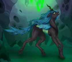 Size: 1280x1102 | Tagged: safe, artist:alicevoice, derpibooru import, queen chrysalis, changeling, changeling queen, pony, changeling hive, digital art, female, flowing mane, glow, glowing horn, green eyes, green mane, holes, horn, image, jpeg, mare, signature, smiling, solo, teeth, walking, wings