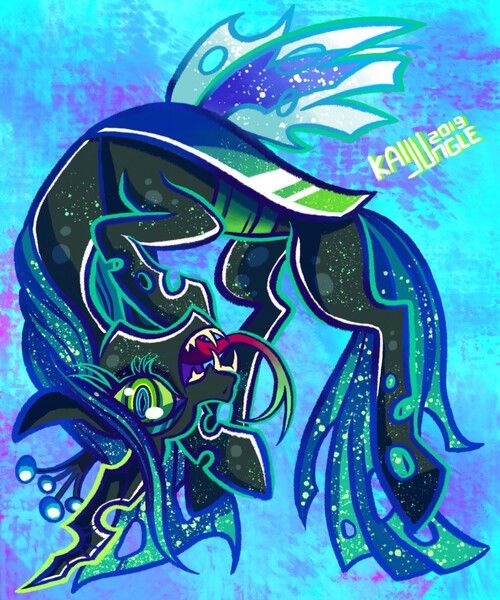 Size: 1067x1280 | Tagged: safe, artist:kaijujungle, derpibooru import, queen chrysalis, changeling, crown, digital art, fangs, female, glow, glowing horn, green eyes, green mane, horn, image, jewelry, jpeg, looking at you, open mouth, raised hoof, regalia, signature, smiling, solo, teeth, tongue out, wings