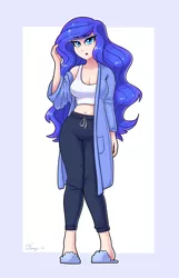 Size: 2232x3460 | Tagged: safe, artist:dandy, derpibooru import, princess luna, human, belly button, breasts, cleavage, clothes, female, humanized, image, looking at you, pants, png, robe, short shirt, slippers, solo, sweatpants
