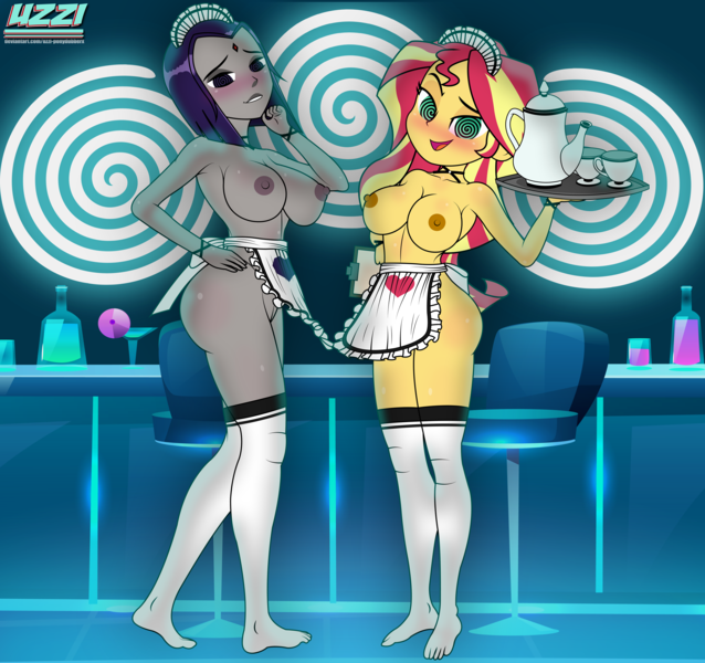 Size: 5000x4700 | Tagged: explicit, artist:uzzi-ponydubberx, sunset shimmer, equestria girls, big breasts, breasts, busty sunset shimmer, crossover, femsub, image, nudity, png, raven (teen titans), submissive, subset, teen titans